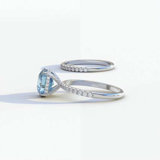 2 Carat Blue Cushion Cut Hidden Halo & Pave Diamond Ring Set - Rebecca
