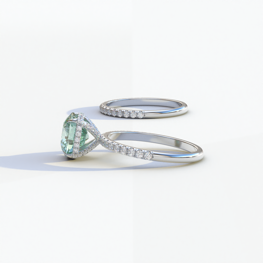 2 Carat Green Cushion Cut Hidden Halo & Pave Diamond Ring Set - Rebecca