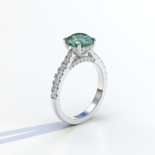 2 Carat Round Cut Green Lab Grown Diamond Engagement Ring | Hidden Halo & Pave - Brilliant