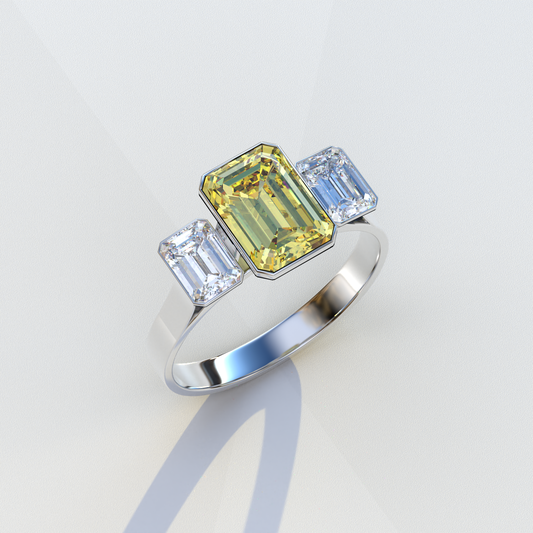 Fancy Yellow Emerald cut Bezel Set Lab Diamond 3 Stone Ring - Elaris