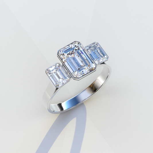 Lab Grown Diamond E VVS Emerald Cut Bezel Set 3 Stone Diamond Engagement Ring - Elaris