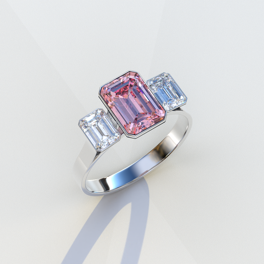 Lab Grown Diamond Pink Emerald Cut Bezel Set 3 Stone Diamond Engagement Ring - Elaris