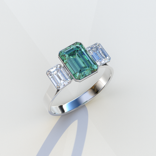 Lab Grown Diamond Green Emerald Cut Bezel Set 3 Stone Diamond Engagement Ring - Elaris