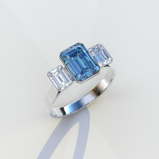 Lab Grown Diamond Blue Emerald Cut Bezel Set 3 Stone Diamond Engagement Ring - Elaris