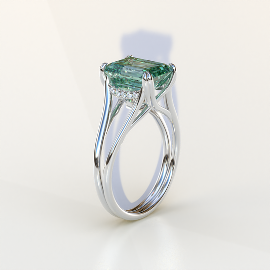 4 Carat Fancy Green Emerald Cut Lab Grown Diamond Engagement Ring - Tesira