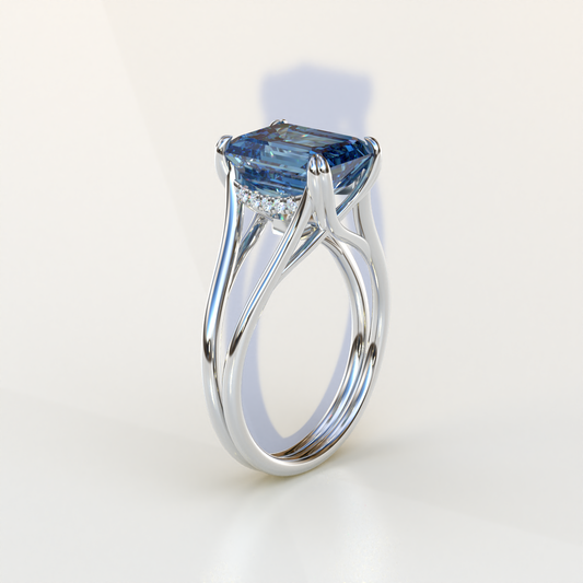 4 Carat Fancy Blue Emerald Cut Lab Grown Diamond Engagement Ring - Tesira
