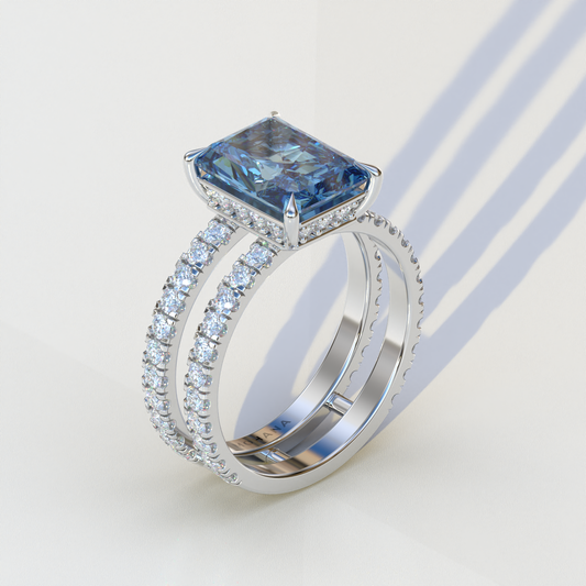 3 Carat Blue Radiant Cut Lab Diamond Engagement Ring | Double Band Hidden Halo Ring - Billie