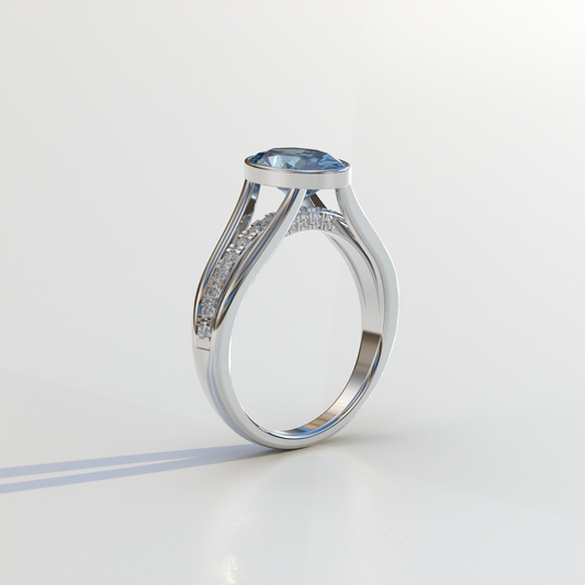 Fancy Vivid Blue Diamond Ring Oval Cut Bezel Set Lab Diamond Engagement Ring - Prisma