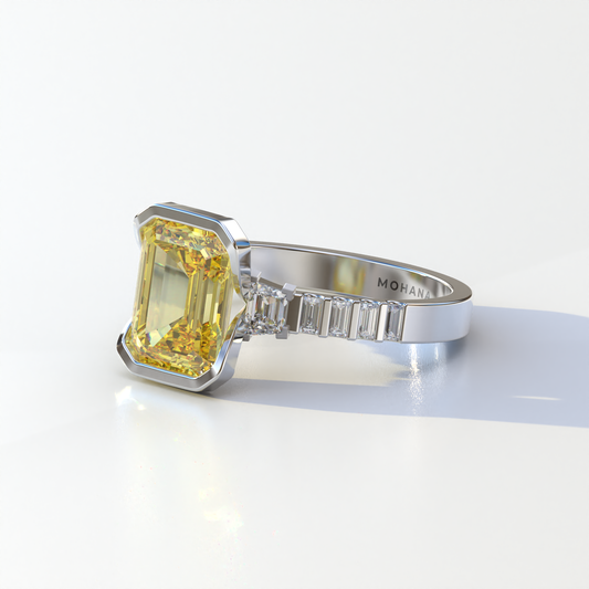3 Carat Yellow Emerald Cut Three Stone Lab Diamond Engagement Ring - Gatsby