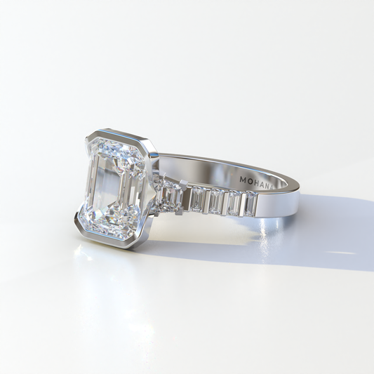 3 Carat Emerald Cut Three Stone Lab Diamond Engagement Ring | Half Bezel set- Gatsby