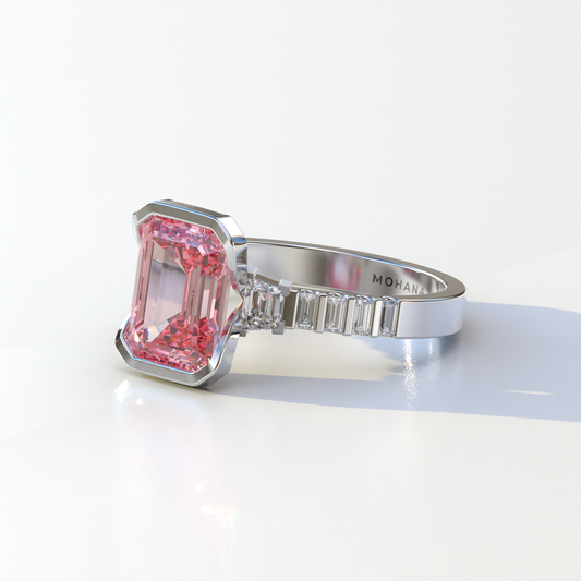 3 Carat Pink Emerald Cut Three Stone Lab Diamond Engagement Ring | Bezel Set Ring- Gatsby
