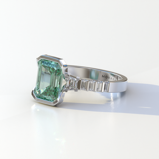 3 Carat Green Color Emerald Cut Three Stone Lab Diamond Engagement Ring | Bezel Set Ring - Gatsby