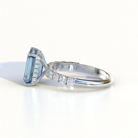 3 Carat Blue Emerald Cut Hidden Halo Lab Diamond Engagement Ring - Luminary