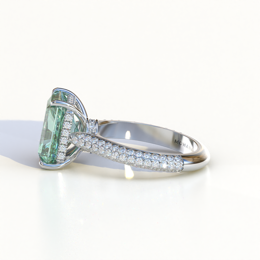 3 Carat Green Radiant Cut Hidden Halo & Pave Set Lab Diamond Ring - Riviera