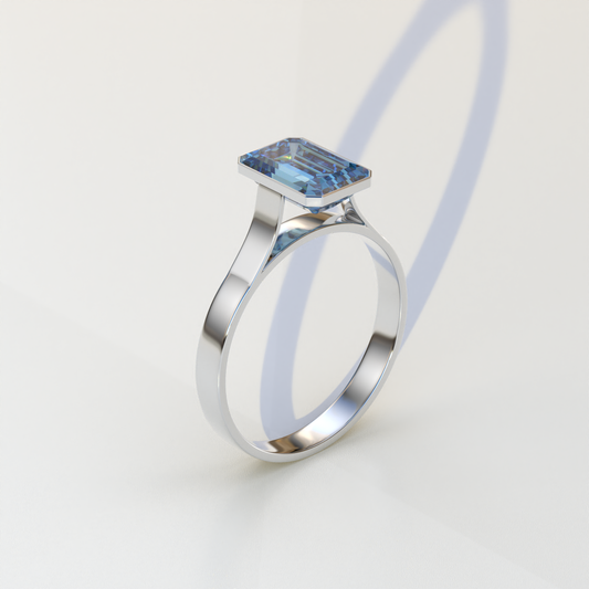 Emerald Cut Lab Grown Blue Diamond Ring Bezel Set Ring - Zelora