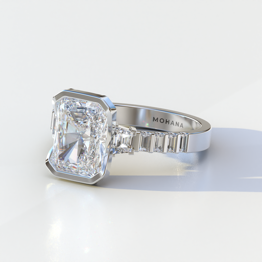 3 Carat Radiant Cut Three Stone Lab Diamond Engagement Ring | Half Bezel Set Ring - Adiamor