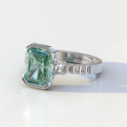 3 Carat Green Radiant Cut Three Stone Lab Diamond Engagement Ring - Adiamor