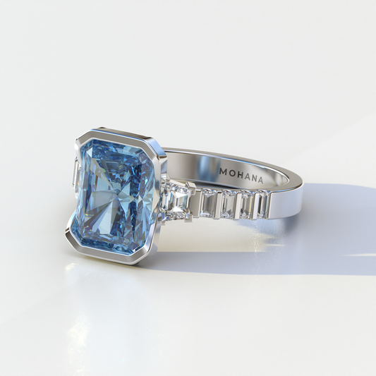 3 Carat Fancy Vivid Blue Radiant Cut Lab Diamond Engagement Ring | Three Stone Bezel Set Ring- Adiamor