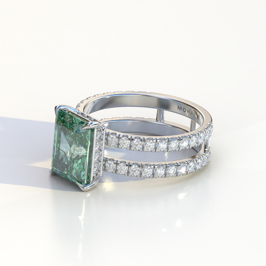 Green Color Radiant Cut Lab Diamond Engagement Ring | Double Band Hidden Halo - Billie