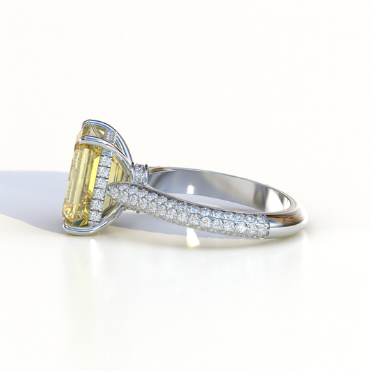 3 Carat Yellow Emerald Cut Hidden Halo & Pave Set Lab Diamond Ring - Emme