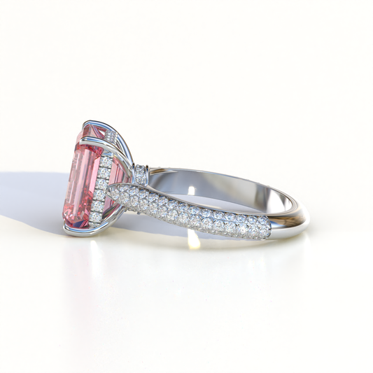 3 Carat Pink Emerald Cut Hidden Halo & Pave Set Lab Diamond Ring - Emme