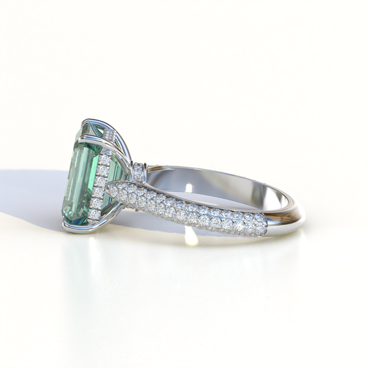 3 Carat Green Emerald Cut Hidden Halo & Pave Set Lab Diamond Ring - Emme
