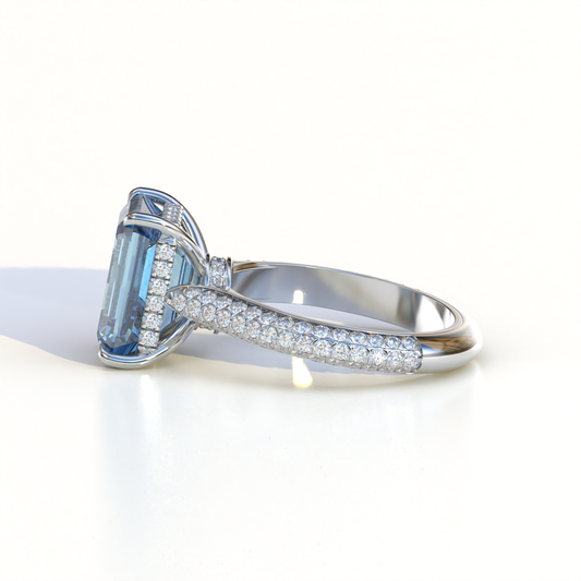 3 Carat Blue Emerald Cut Hidden Halo & Pave Set Lab Diamond Ring - Emme