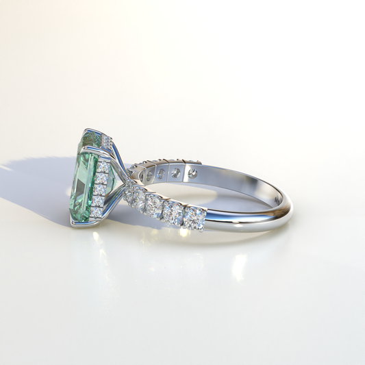 4 Carat Green Radiant Cut Lab Diamond Hidden Halo Engagement Ring - Lace Bridge
