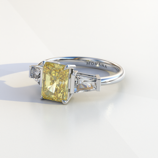 3 Carat Yellow Radiant & Tapered Baguette Three Stone Lab Diamond Engagement Ring - Adorned