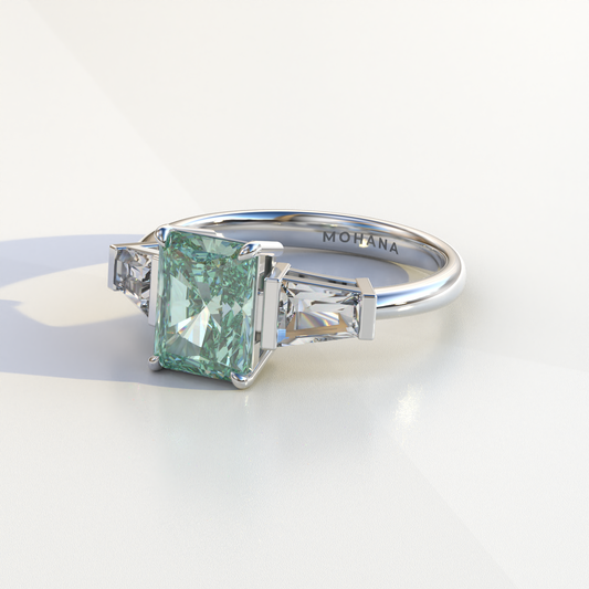 3 Carat Green Radiant & Tapered Baguette Three Stone Lab Diamond Engagement Ring - Adorned