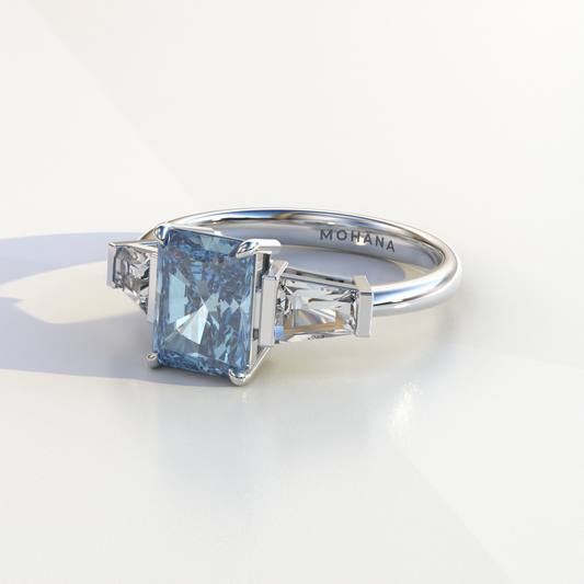 3 Carat Blue Radiant & Tapered Baguette Three Stone Lab Diamond Engagement Ring - Adorned
