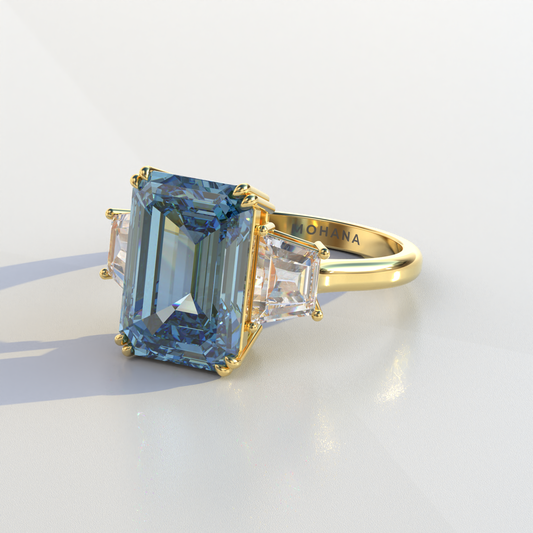 4 Carat Blue Emerald & Trapezoid Cut Lab Diamond Three Stone Engagement Ring - Marlene