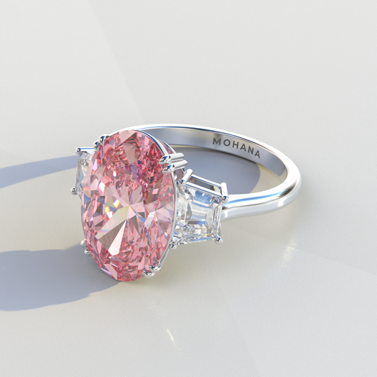 3 Carat Pink Oval & Trapezoid Cut Lab Diamond Three Stone Engagement Ring - Lucy