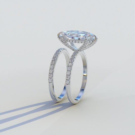 2 Carat E VVS Marquise Cut Hidden Halo & Pave Diamond Ring Set - Lucent