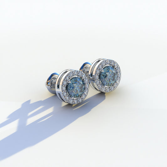 Ciera - Stunning Blue Color Round Diamond Stud Earrings | Halo Setting | Certified