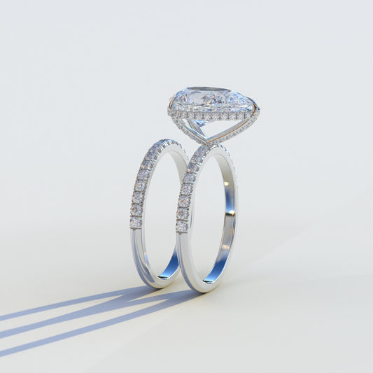E VVS 3 Carat Pear-Shaped Hidden Halo & Pave Diamond Ring Set - Matrix