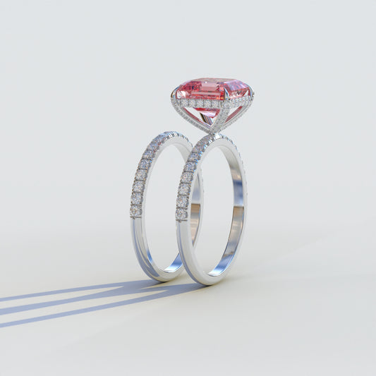 3 Carat Pink Asscher Cut Hidden Halo & Pave Lab Grown Diamond Ring Set - Volta