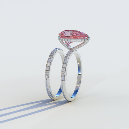3 Carat Pink Pear-Shaped Hidden Halo & Pave Diamond Ring Set - Matrix