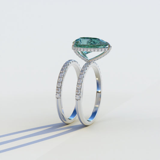 3 Carat Green Pear-Shaped Hidden Halo & Pave Diamond Ring Set - Matrix