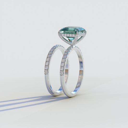 3 Carat Green Asscher Cut Hidden Halo & Pave Lab Grown Diamond Ring Set - Volta