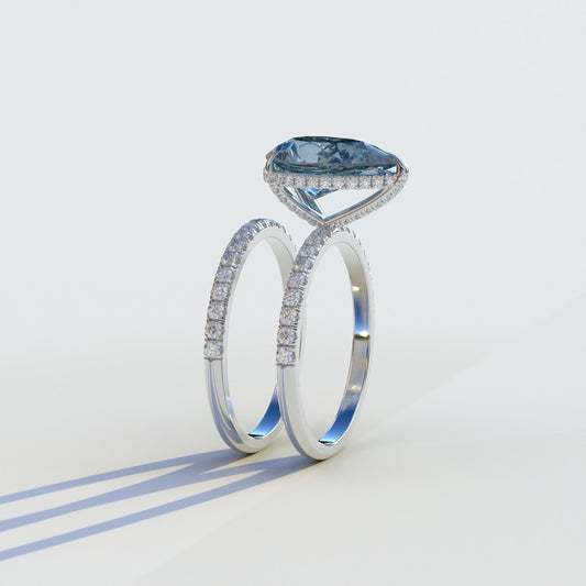 3 Carat Blue Pear-Shaped Hidden Halo & Pave Diamond Ring Set - Matrix