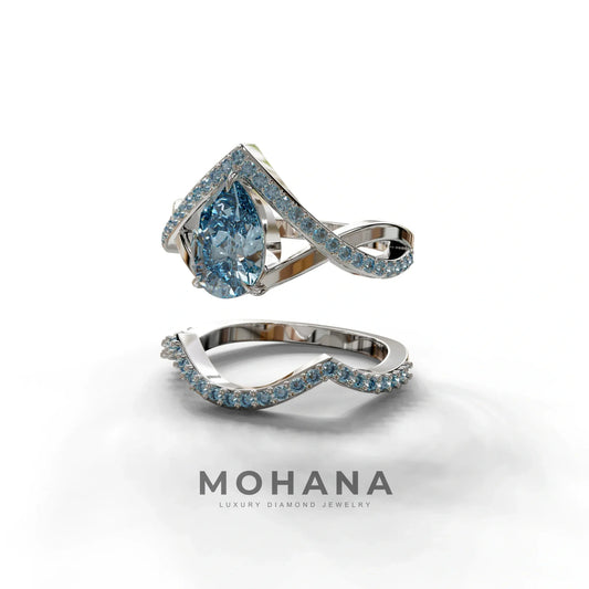 Custom Order: 2 Carat Blue Pear Cut Tear Drop Lab Diamond Ring & Band