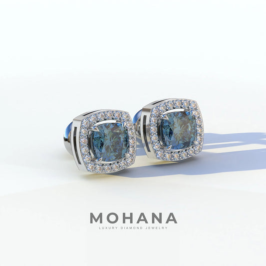 Kiara - Cushion Cut Blue Diamond Stud Earrings | Halo Earring Setting