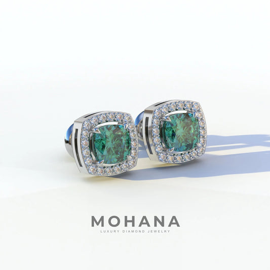 Kiara - Cushion Cut Green Diamond Stud Earrings | Halo Earring Setting
