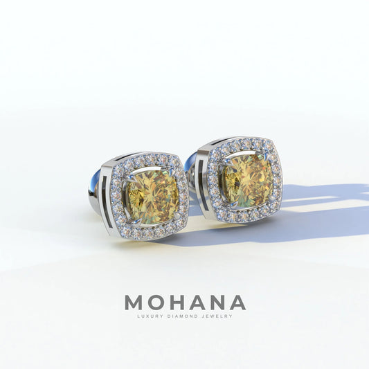 Kiara - Cushion Cut Yellow Diamond Stud Earrings | Halo Earring Setting