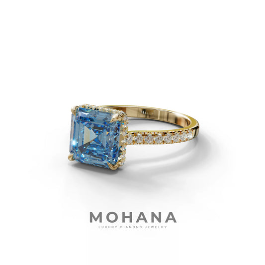 3.5 Carat Blue Asscher‑Cut Lab Diamond Engagement Ring with Halo and Pavé Accents
