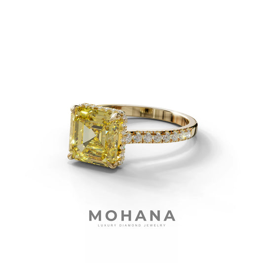 3.5 Carat Yellow Asscher‑Cut Lab Diamond Engagement Ring with Halo and Pavé Accents