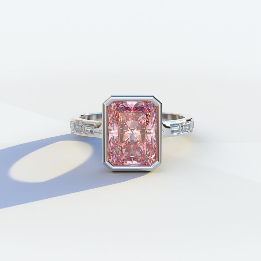 Olympia fancy intense pink radiant cut lab grown diamond engagement ring on a hand