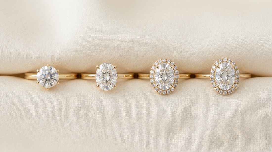 Four 1 carat lab grown diamond rings showing apparent size progression - round, oval, halo, halo with thin band