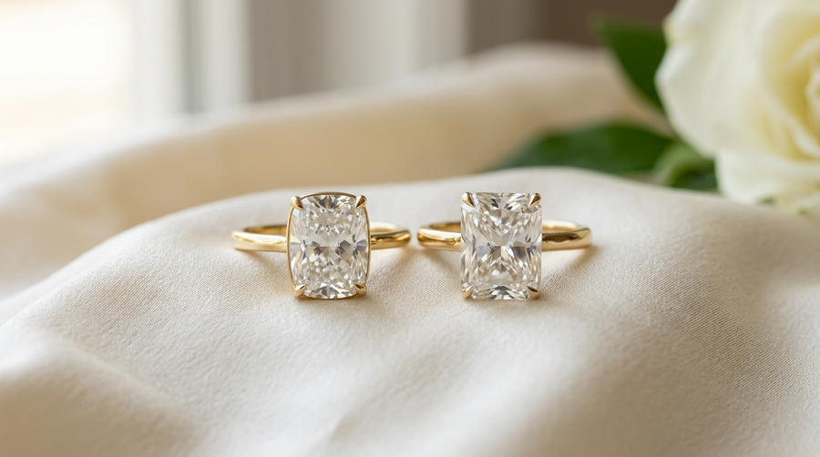 Elongated cushion cut beside radiant cut lab grown diamond ring in yellow gold, shape comparison